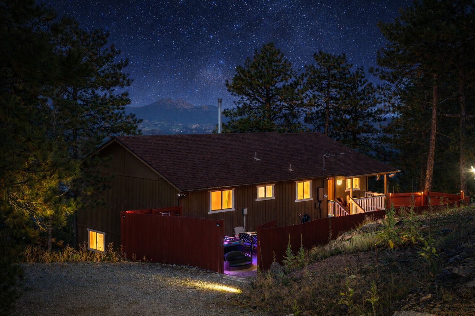 A cabin with a porch, a car parked in front, and a starry night sky.