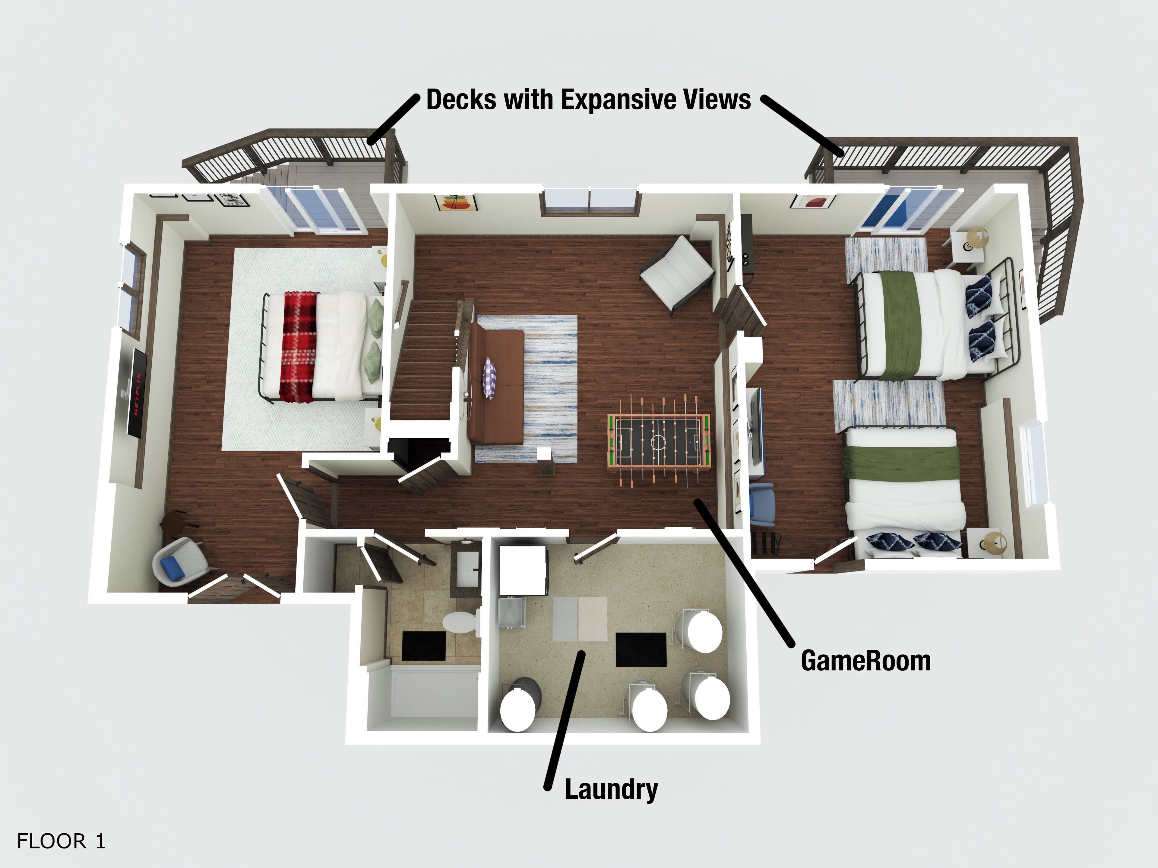A 2D floor plan of a hotel room with a GameRoom, Laundry, and a bed with a red and white checkered blanket.