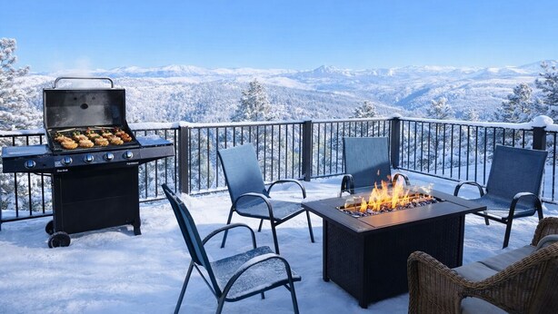 Un balcón cubierto de nieve con una parrilla y un pozo de fuego, rodeado de sillas y una mesa.