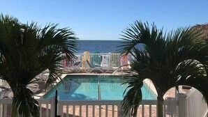 A pool with a view of the ocean, surrounded by palm trees and a white fence. - 105 - Newly renovated house Oceanside  and Pool (Cudjoe Key)