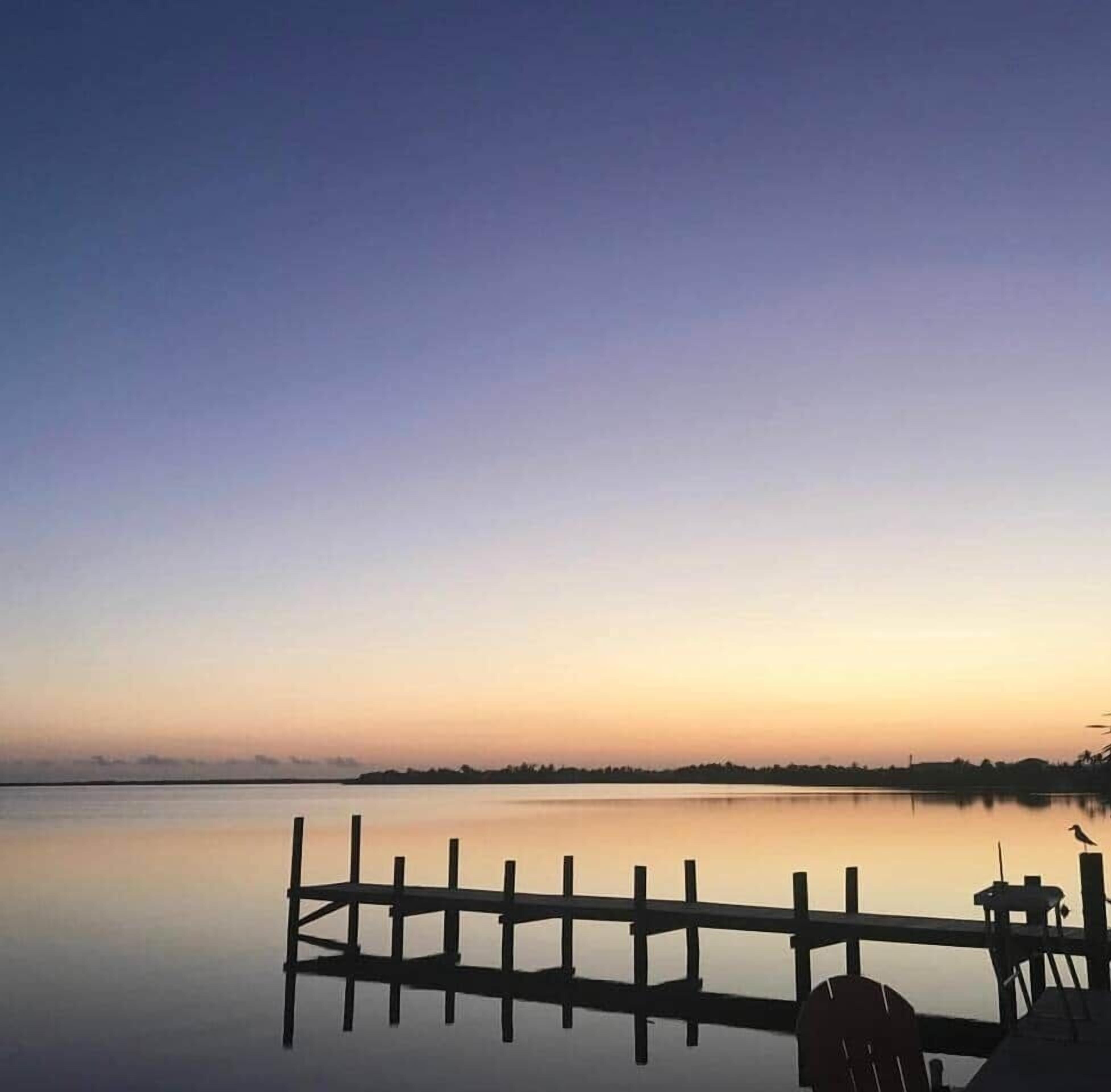 A calm waterfront with a wooden dock extending into the water.
