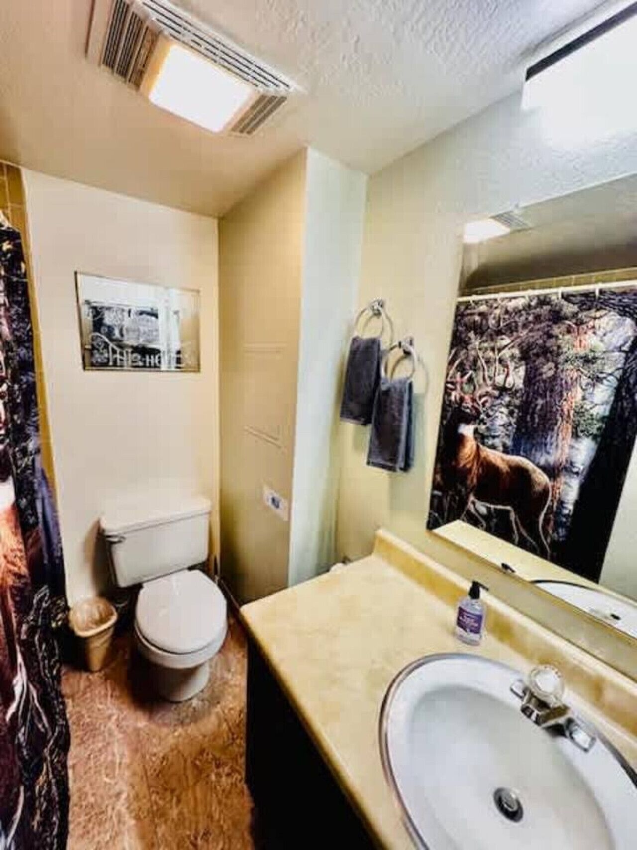 A bathroom with a toilet, sink, and a large mirror. There is a towel rack with towels and a framed picture on the wall.