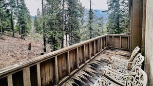 Une terrasse en bois avec un banc, donnant sur une zone boisée.
