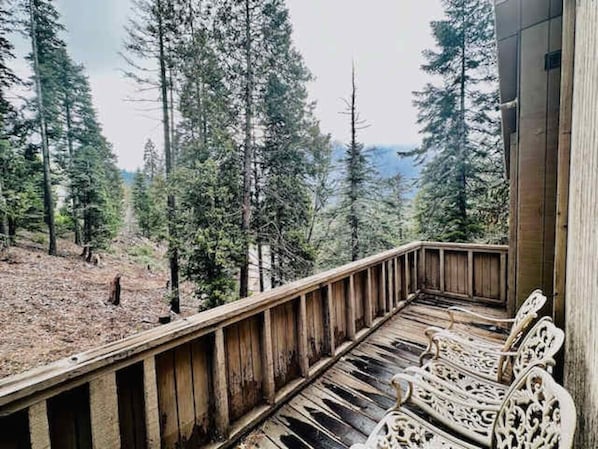 Eine Holzterrasse mit einer Bank, mit Blick auf eine bewaldete Gegend.