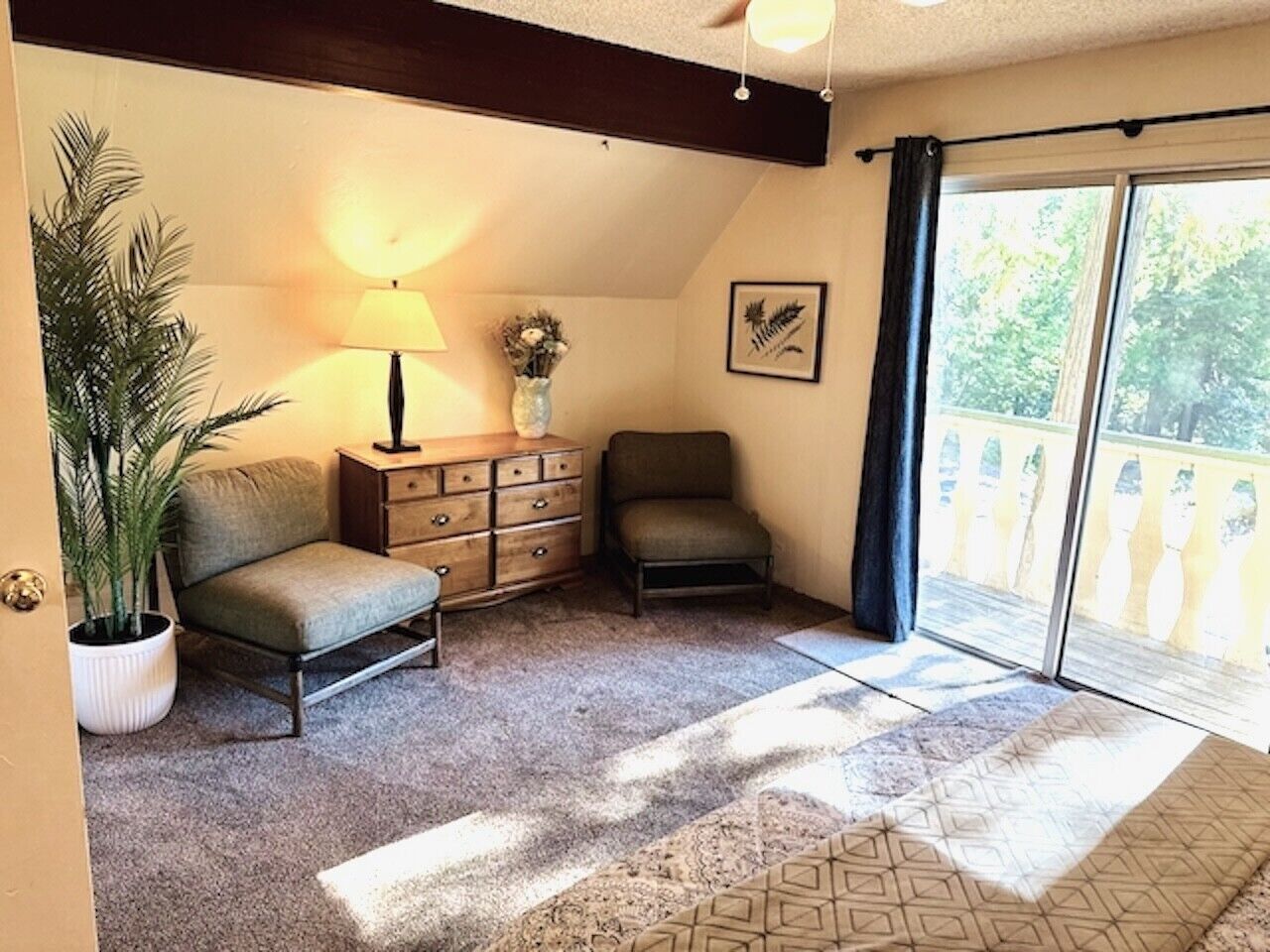 Une pièce comprenant un canapé, une petite table avec une lampe, une plante en pot, une commode et une porte-fenêtre coulissante donnant sur un espace extérieur.