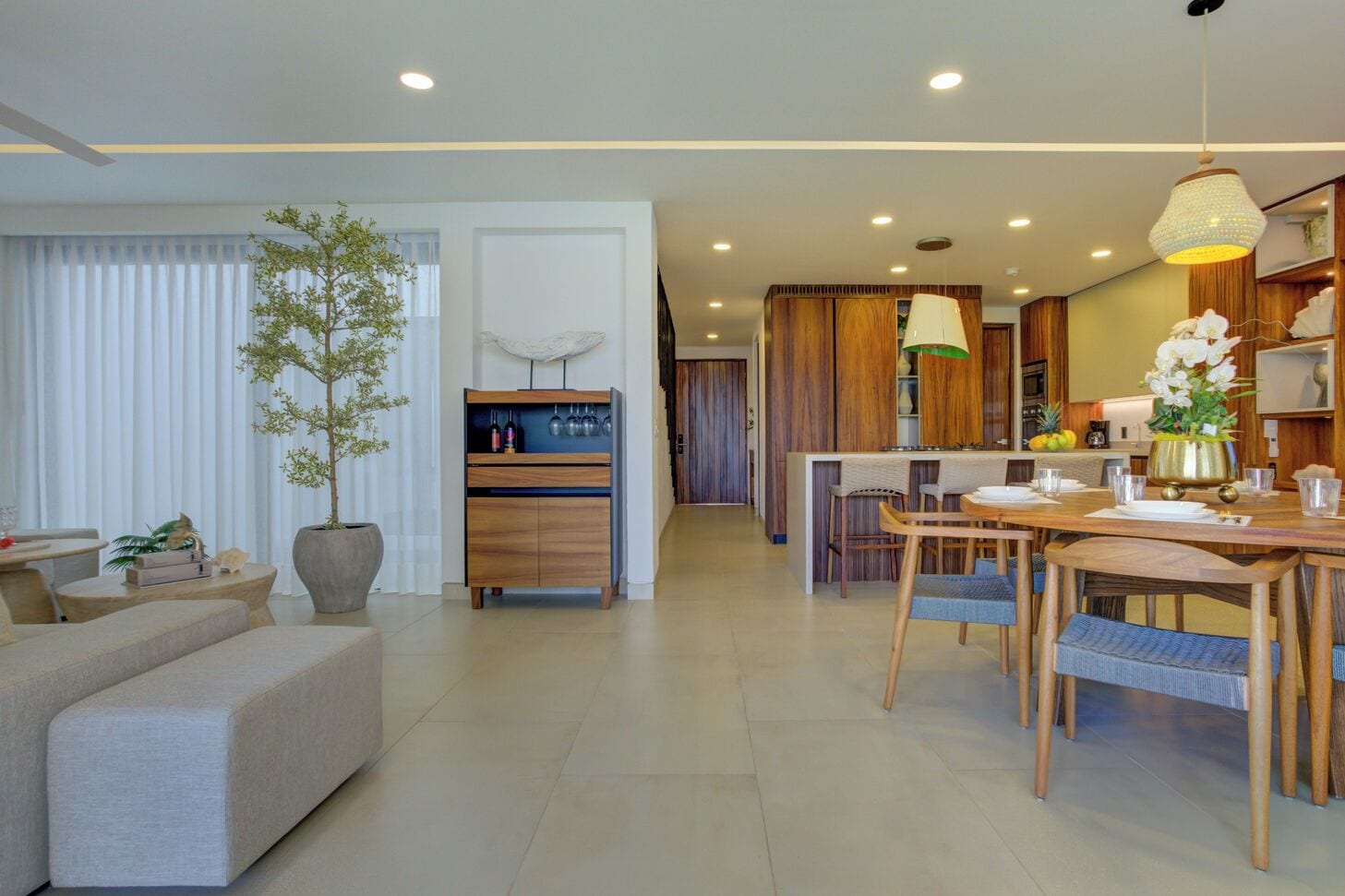 Una sala de estar moderna con un sofá, una mesa de comedor con sillas, una zona de cocina con armarios de madera y una planta grande en maceta.