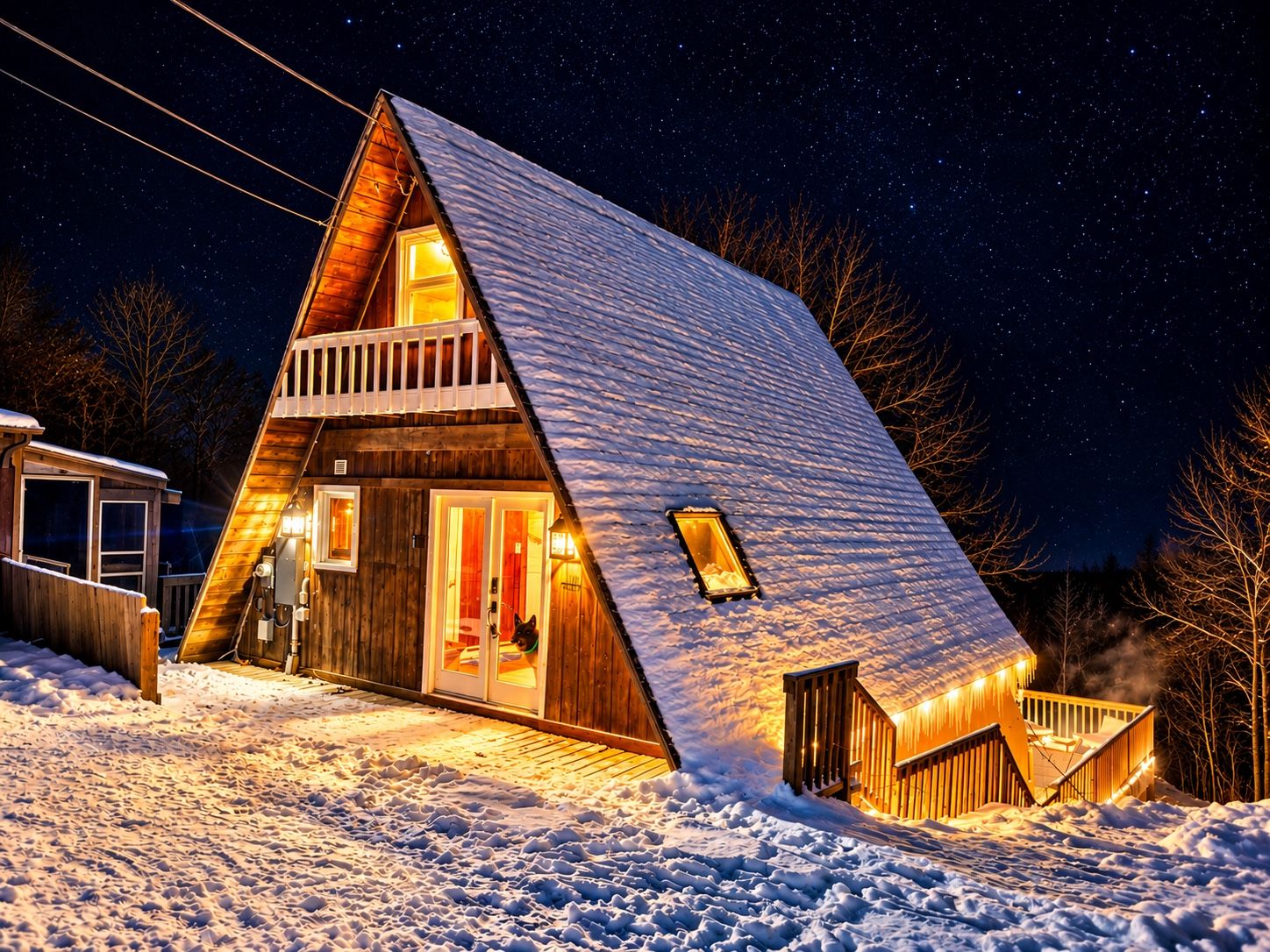 Une cabane triangulaire recouverte de neige, dotée d’un balcon et dont l’intérieur est éclairé.
