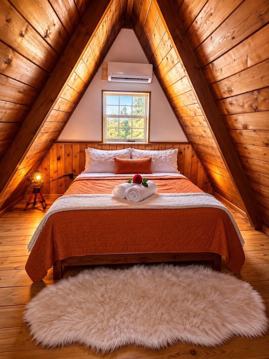 Un dormitorio acogedor en el ático, con techo inclinado, una cama con colcha naranja, un tapete blanco mullido y una ventana con vistas a la vegetación.