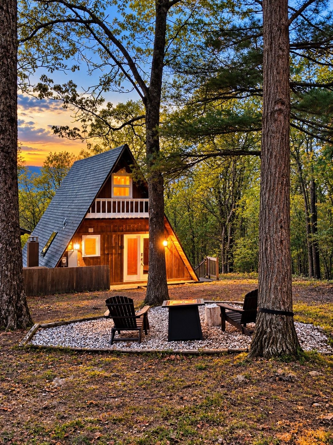 A cabin with a sloped roof, wooden exterior, and a deck area with outdoor seating.