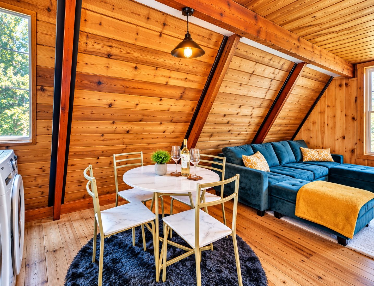 A cozy room with a wooden ceiling, a dining table with chairs, a sofa, and a window.