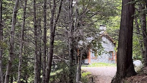 Un sentier forestier menant à un bâtiment en pierre doté d’une fenêtre et d’une porte.