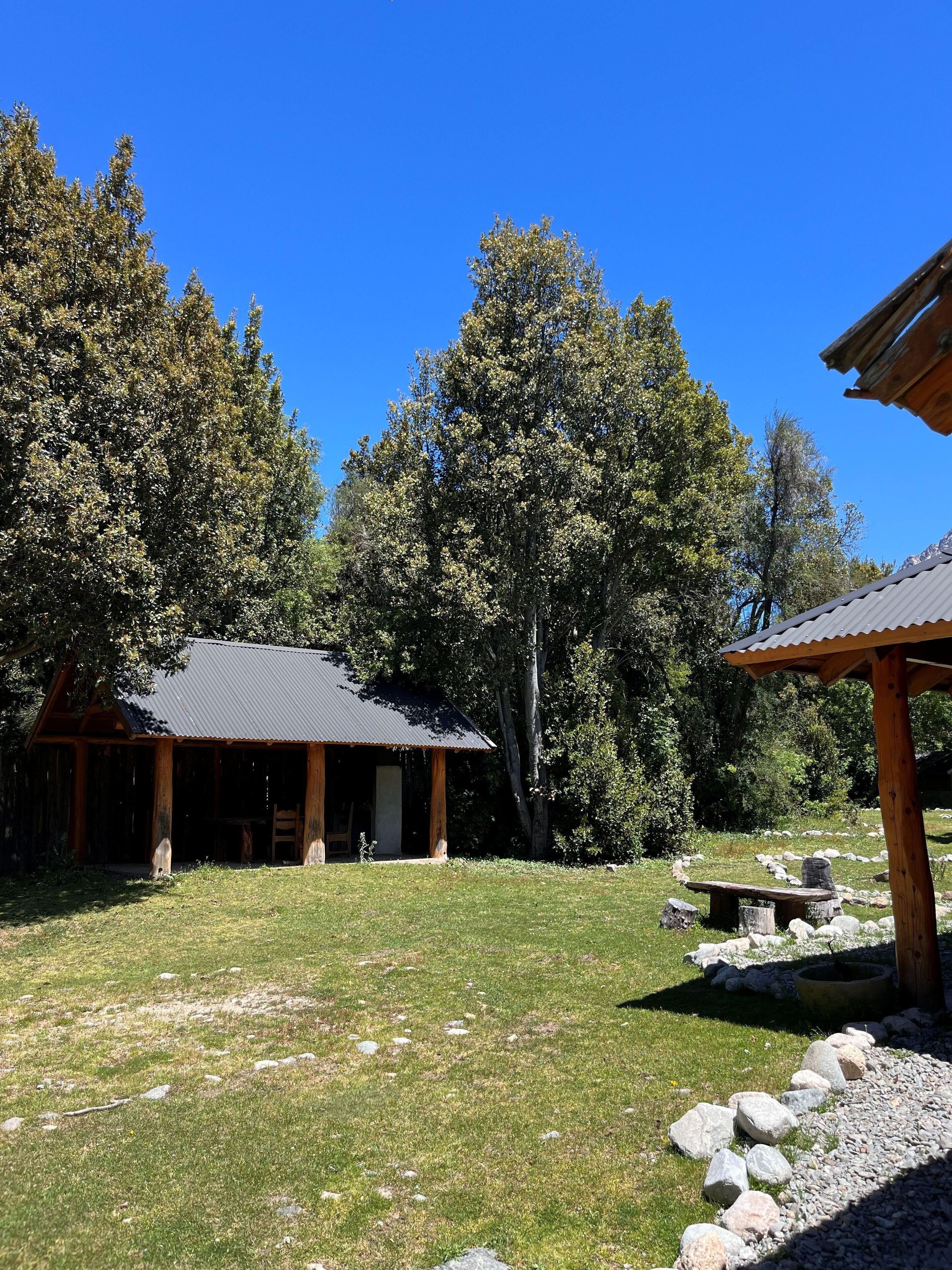 A rustic cabin with a metal roof, surrounded by a grassy area with scattered rocks and trees.