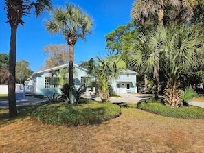 A light blue house with a porch, surrounded by palm trees and well-maintained lawns.