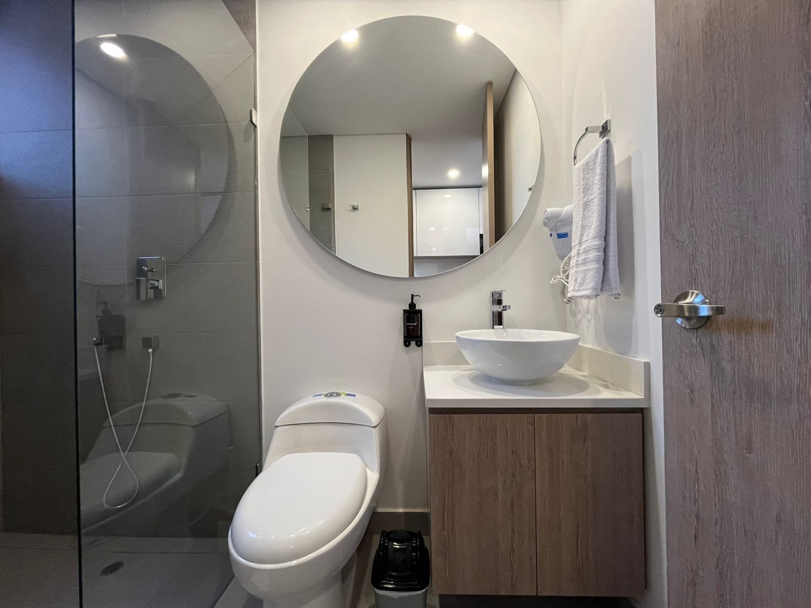 A modern bathroom with a glass-enclosed shower, a toilet, a sink with a mirror above it, and a towel rack.