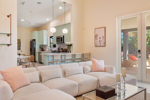 Smart TV, fireplace, books