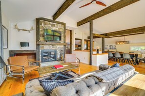 TV, fireplace, video games, books