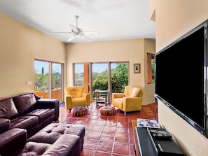 Televisión, chimenea, reproductor de DVD y videoteca