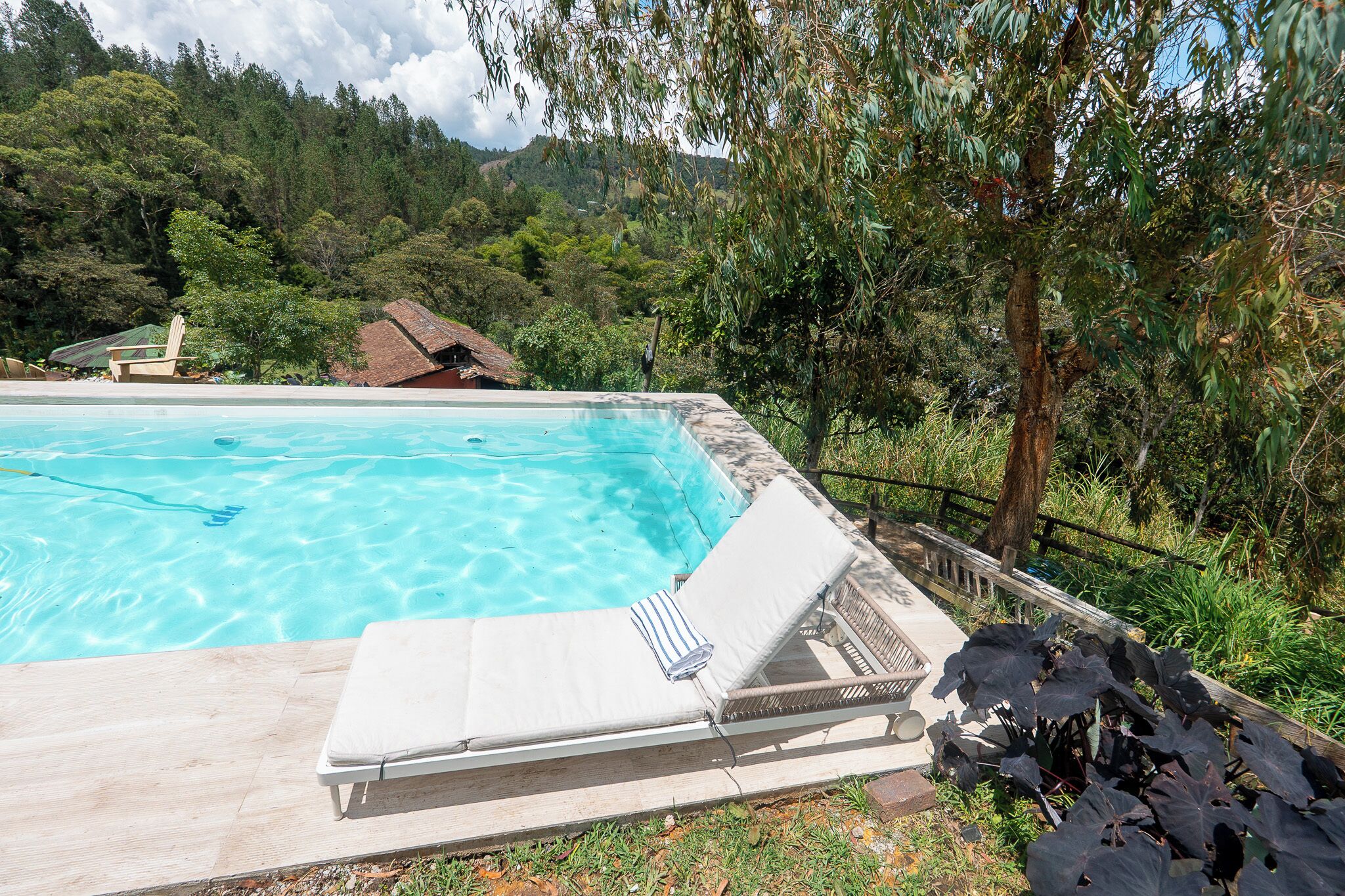 Ein klares Schwimmbecken mit Liegestühlen und Blick auf eine bewaldete Landschaft.