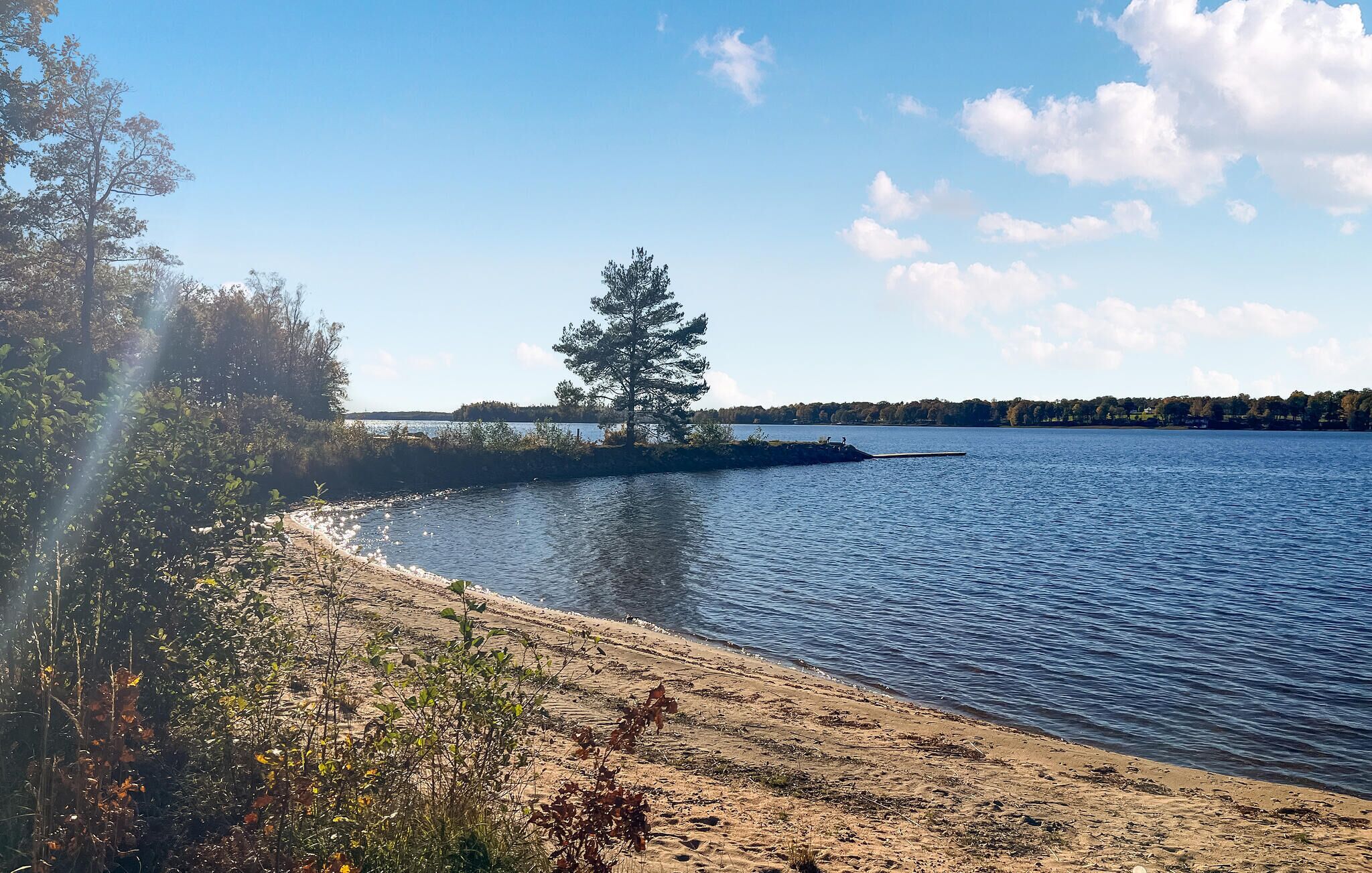 A lakeside view with a sandy beach, a small island with a tree, and a distant shoreline.
