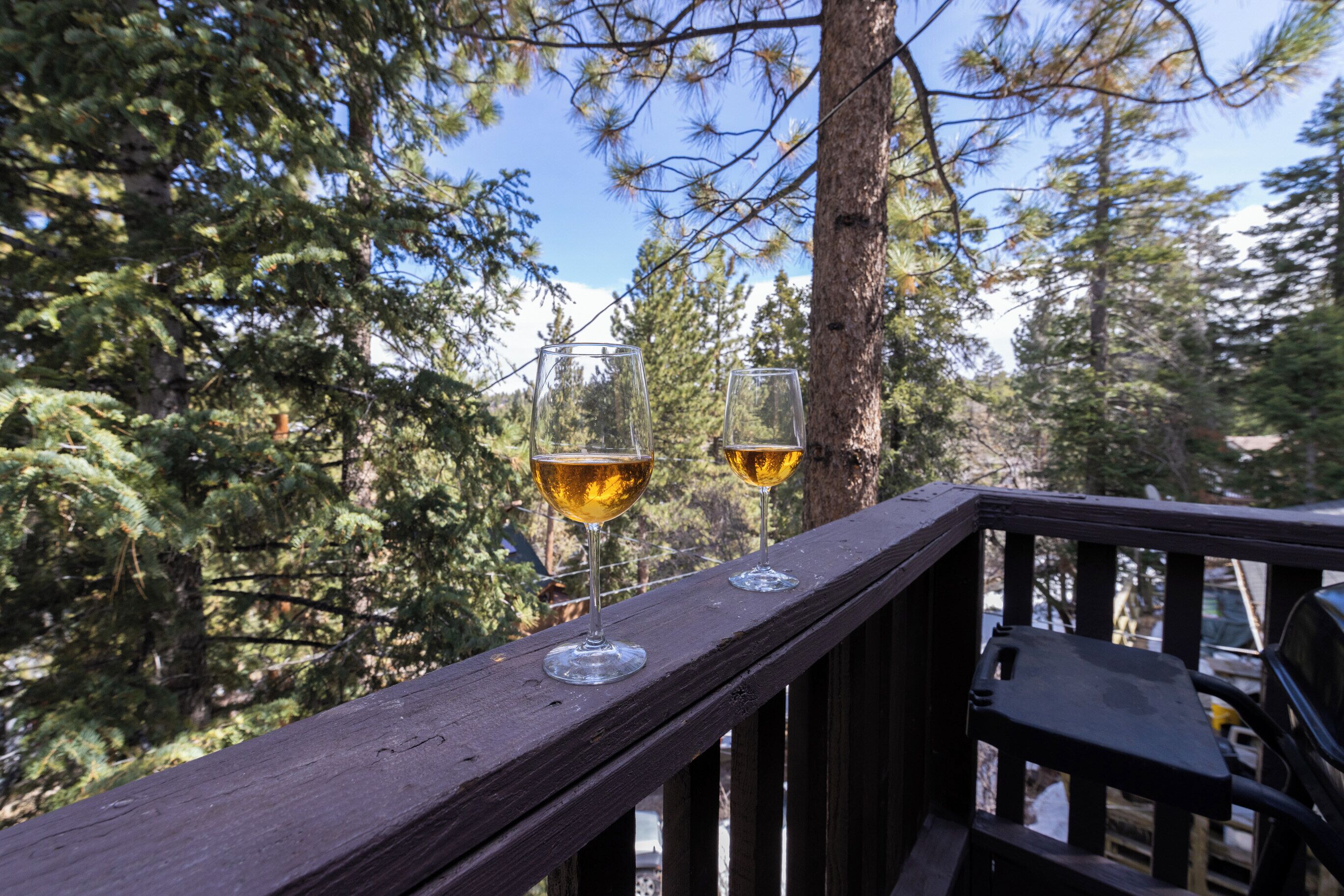 A wooden deck with two empty wine glasses.