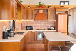 A modern kitchen with wooden cabinets, a built-in oven, a microwave, and a stainless steel refrigerator. - Sea views, sunshine, and serenity in Lakithra (Lakithra)