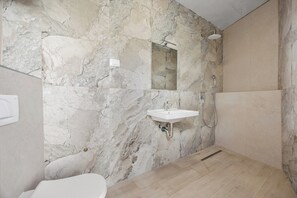 Douche, séchoir à cheveux, serviettes fournies