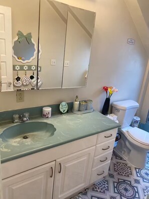 Secadora de cabello, toallas, jabón, papel de baño