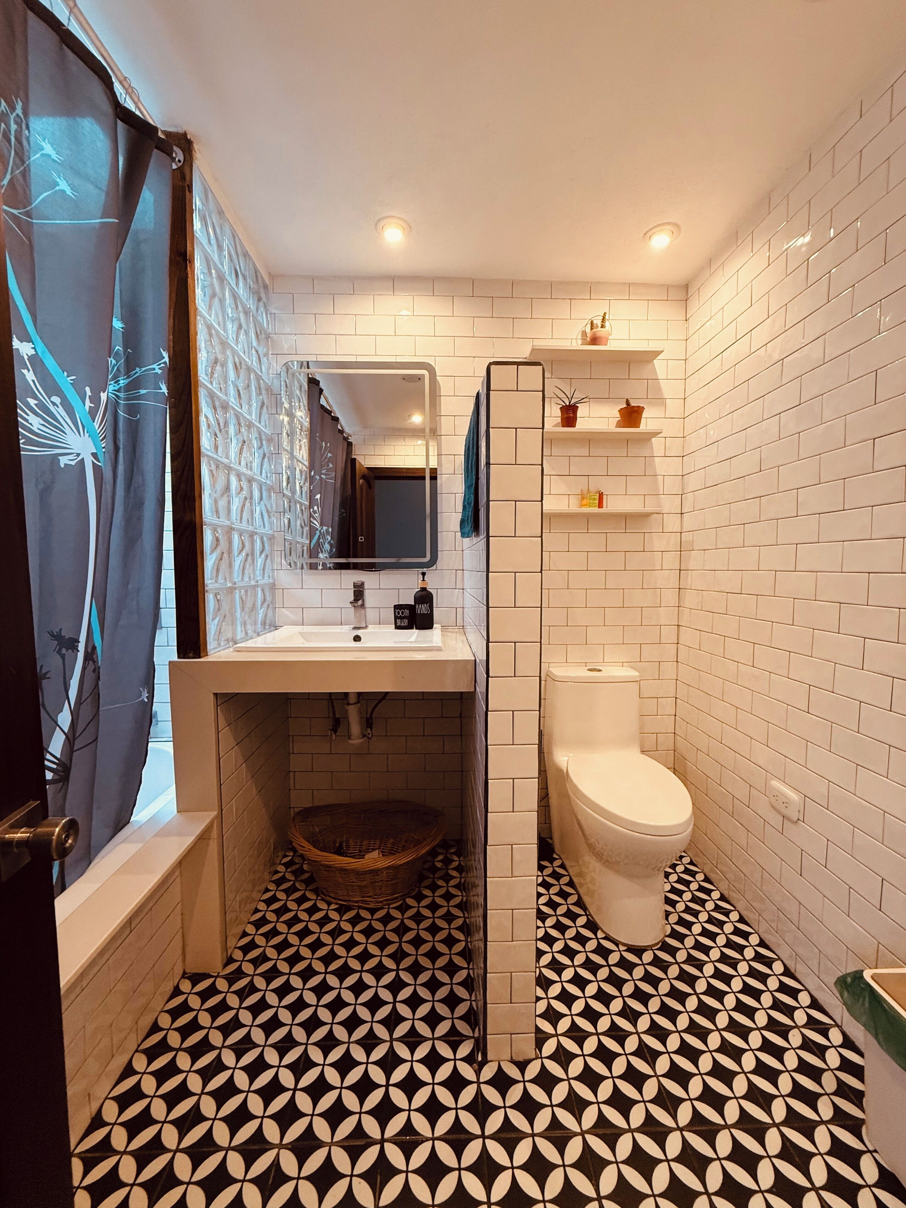 Hair dryer, towels, soap, toilet paper