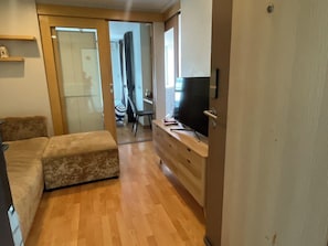 A compact room with a sofa, a TV, a desk, and a chair.