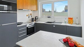 A modern kitchen with grey cabinets, a black stove, a coffee maker, and a window with a city view. - Windlicht 244 by Interhome (Lembruch)