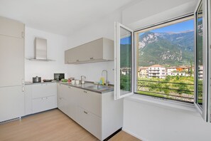 Eine moderne Küche mit weißen Schränken und einem Fenster mit Blick auf eine gebirgige Landschaft.