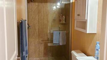 Hair dryer, towels, soap, toilet paper
