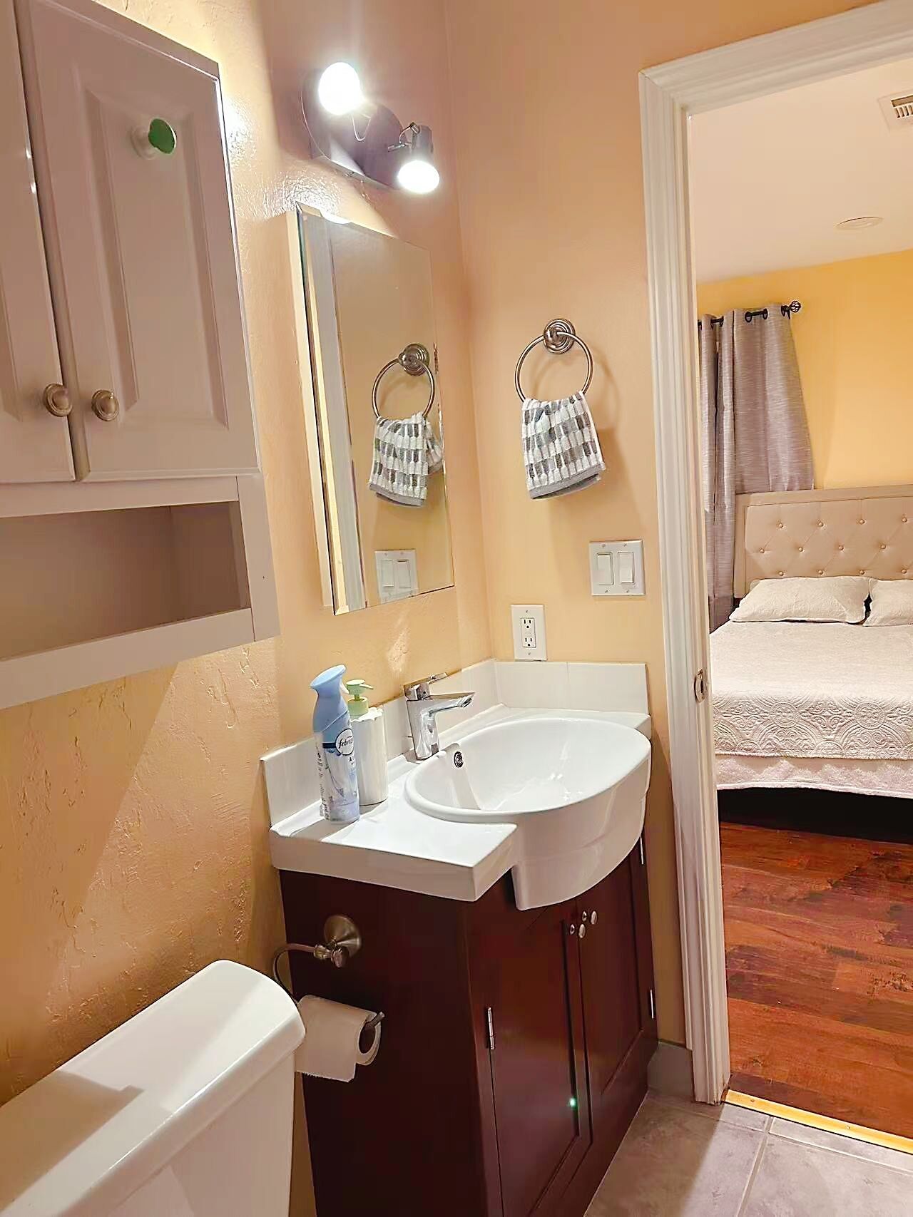 Hair dryer, towels, soap, toilet paper