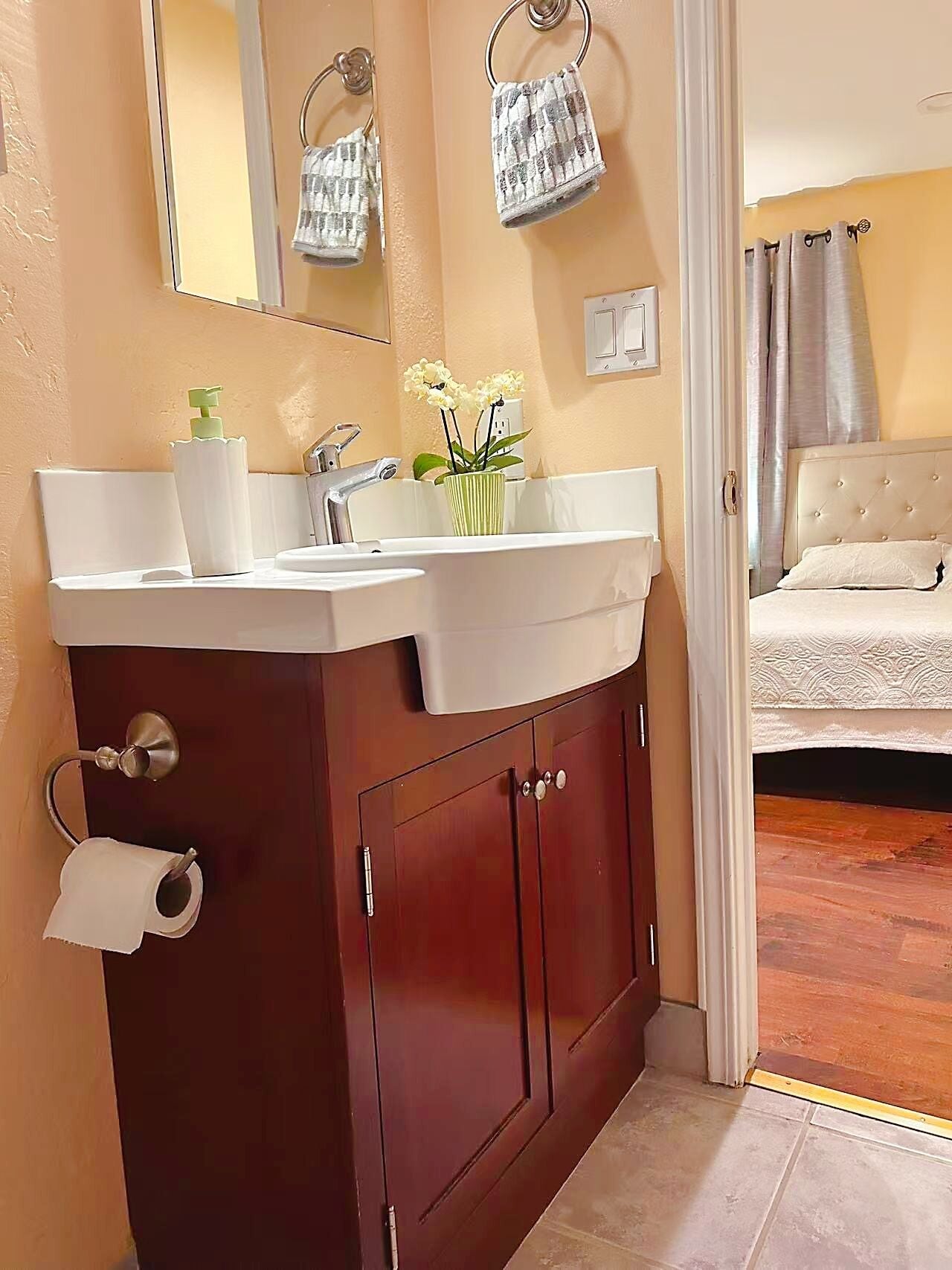 Hair dryer, towels, soap, toilet paper