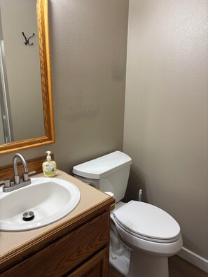 Secadora de cabello, toallas, jabón, papel de baño