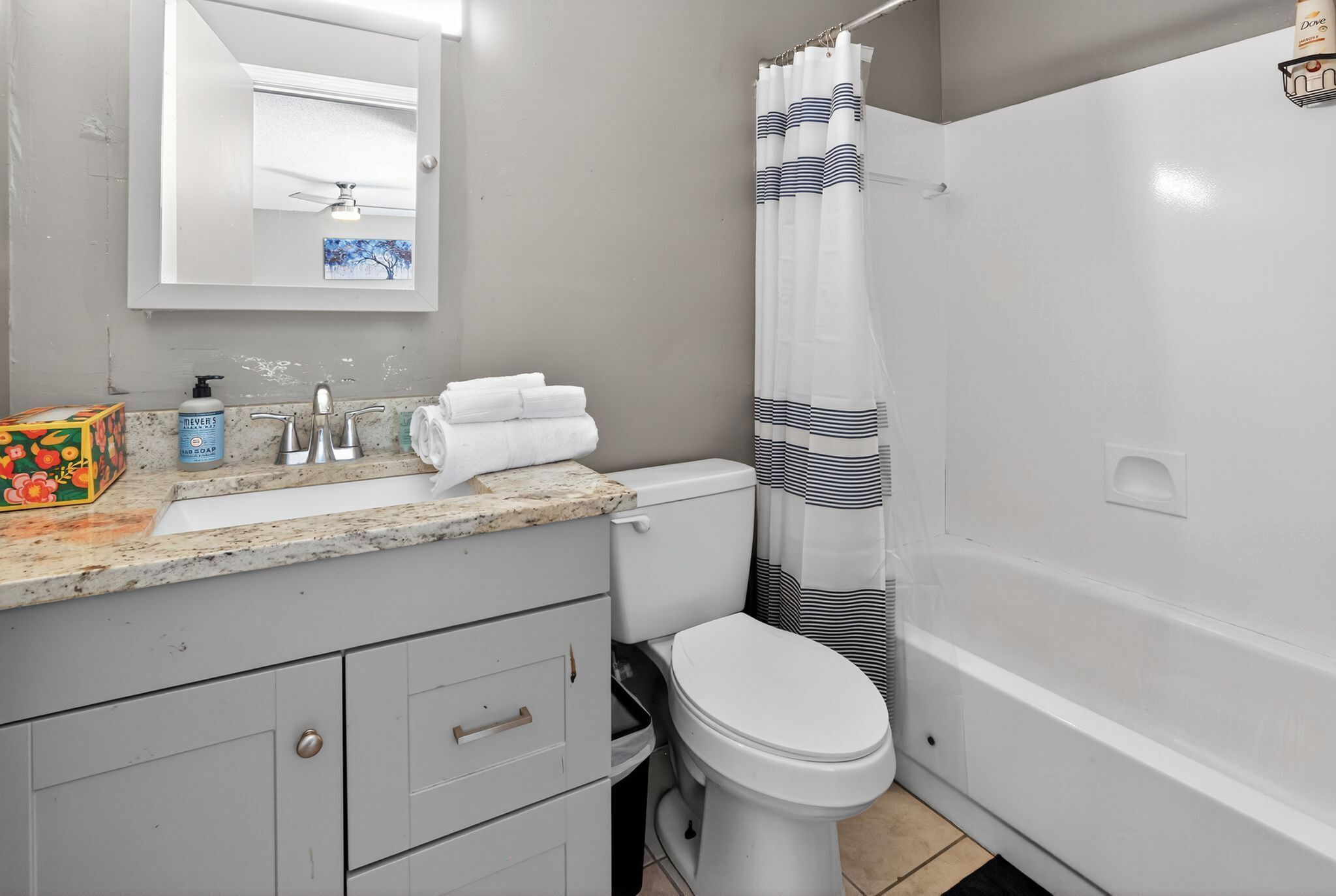 Hair dryer, towels, soap, shampoo