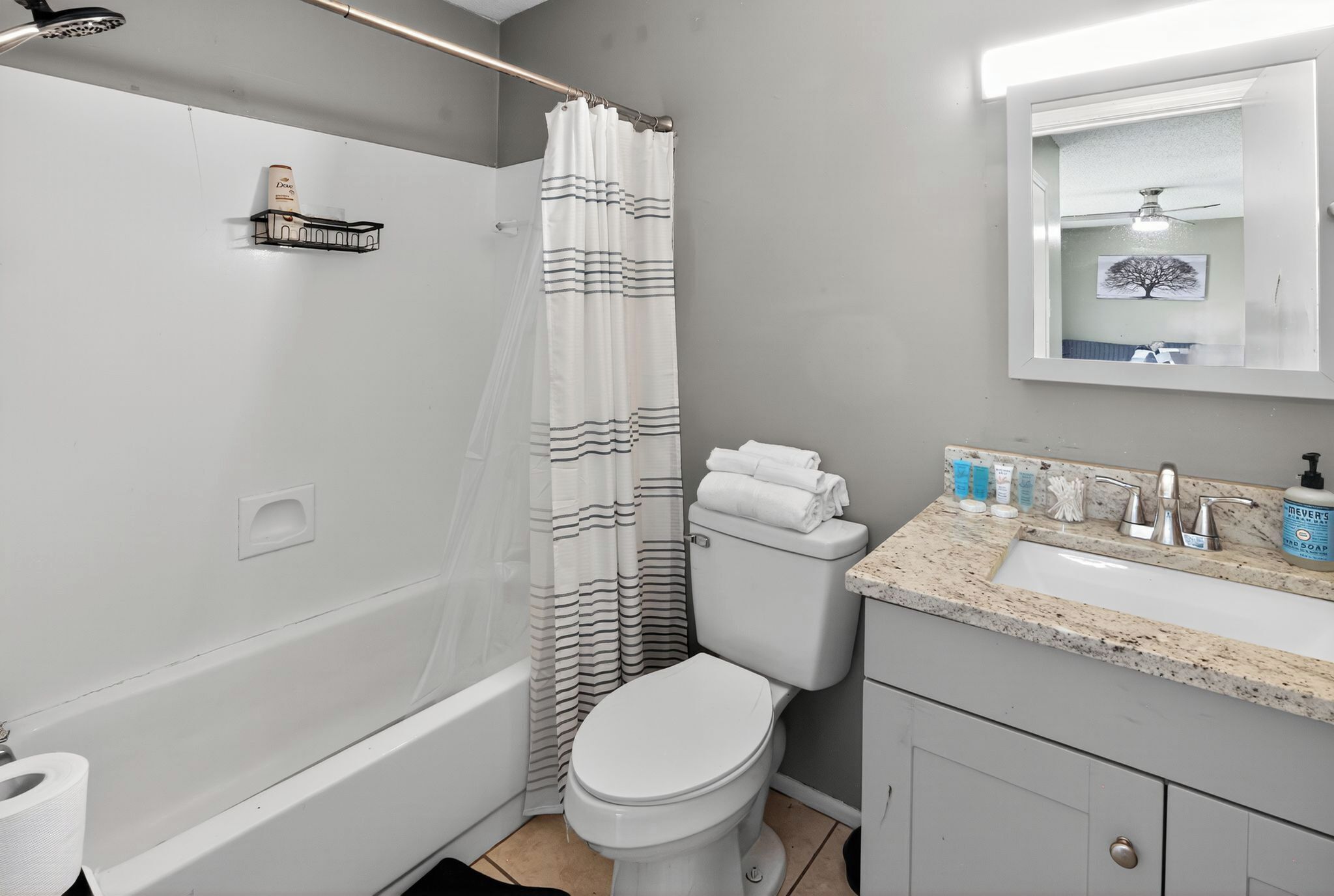 Hair dryer, towels, soap, shampoo