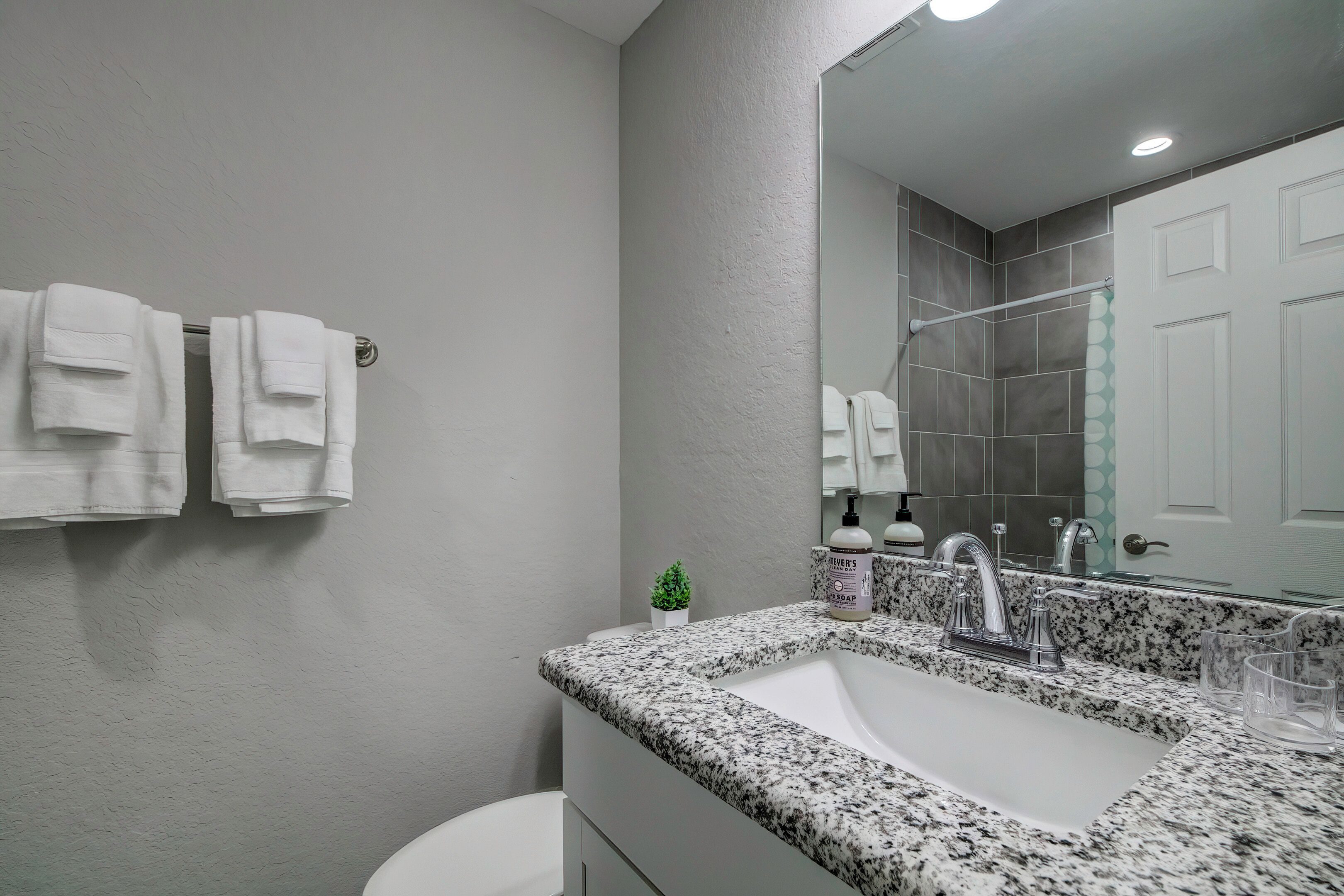 A bathroom with a granite countertop sink, white towels, a small potted plant, and a mirror reflecting the room.