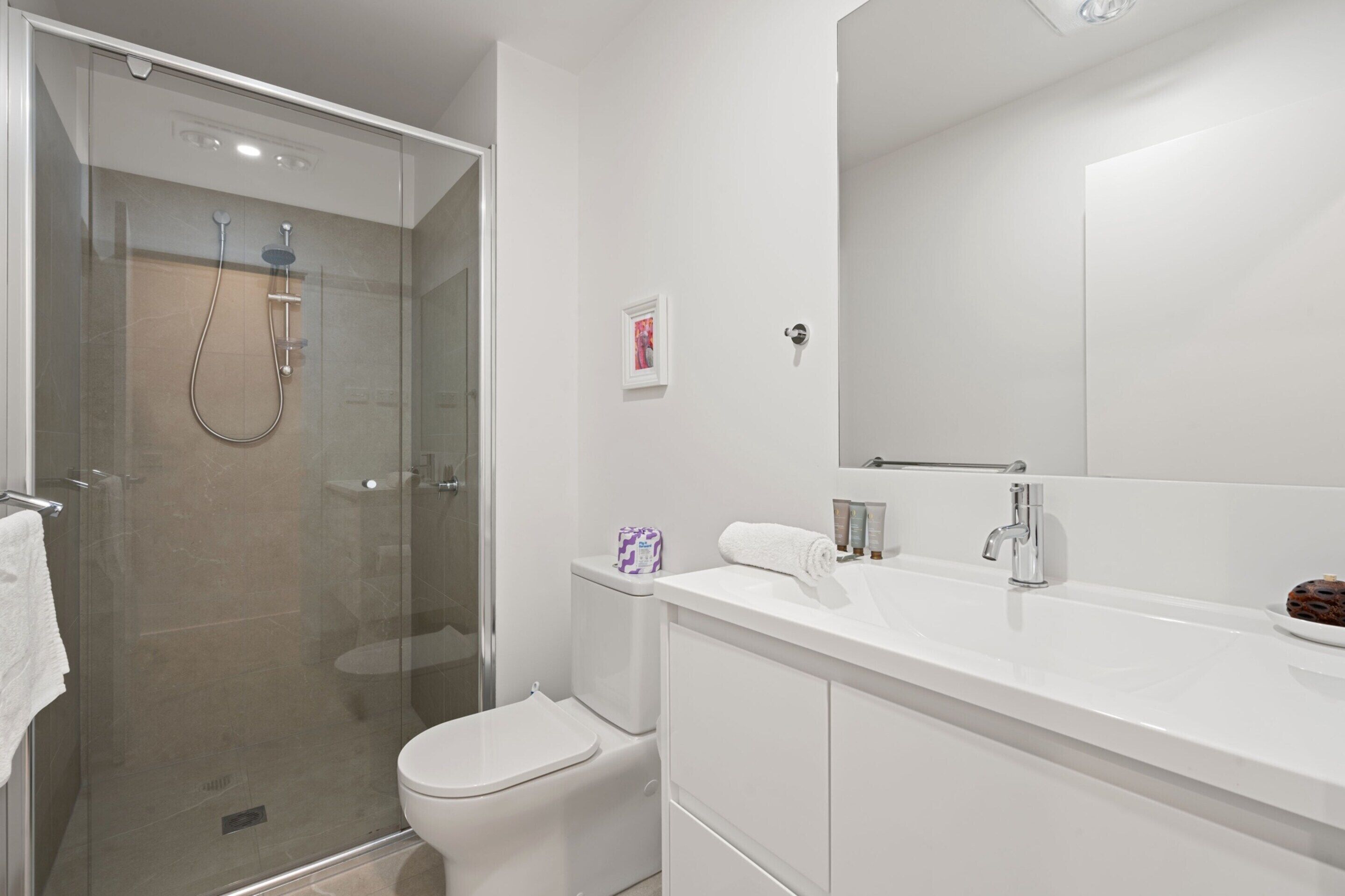 Un bagno moderno con doccia vetrata, un water bianco e un grande specchio sopra un lavandino bianco.
