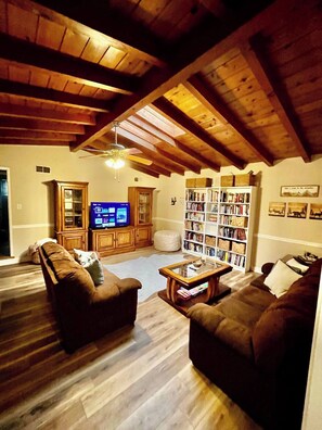 Smart TV, fireplace, video games, DVD player