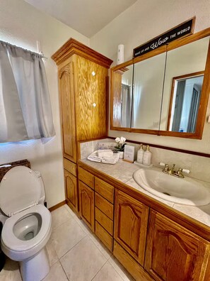 Een haardroger, handdoeken, zeep, shampoo