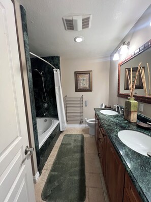 Een douche, een bubbelbad, een haardroger, een bidet