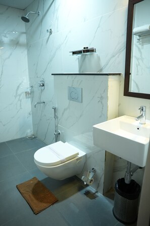 Shower, free toiletries, hair dryer, slippers