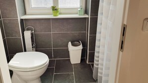 Een kleine badkamer met toilet, een prullenbak, een raam met een plant in pot en een douchegordijn.