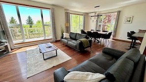 A spacious living room with a leather sofa, a coffee table, and a dining area with a table and chairs. - New owner!  10 minutes from the Massif with a view of the St Lawrence River! (Petite-Rivière-Saint-François)