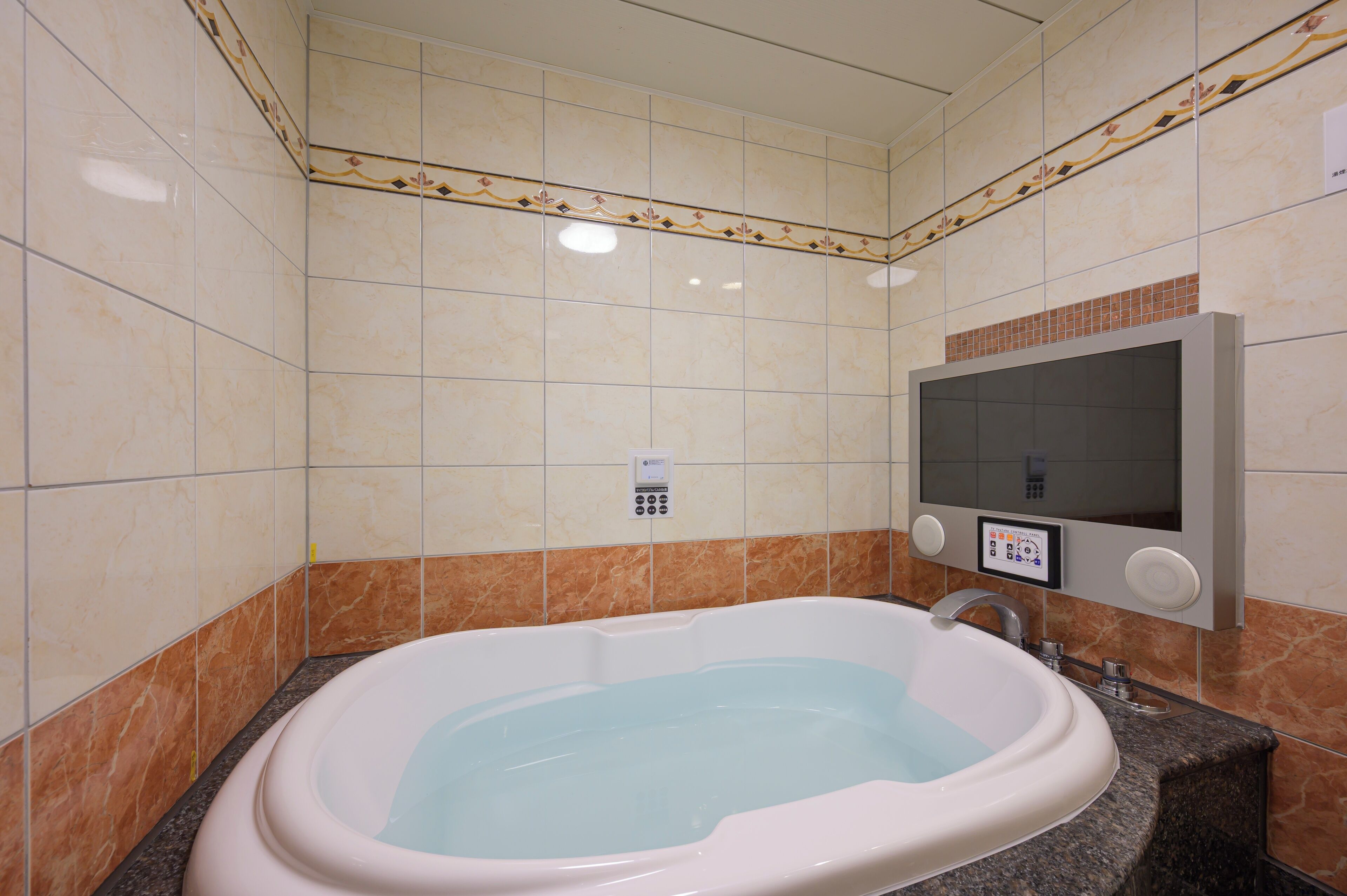 Une salle de bain avec une baignoire, un panneau de commande et un mur carrelé.