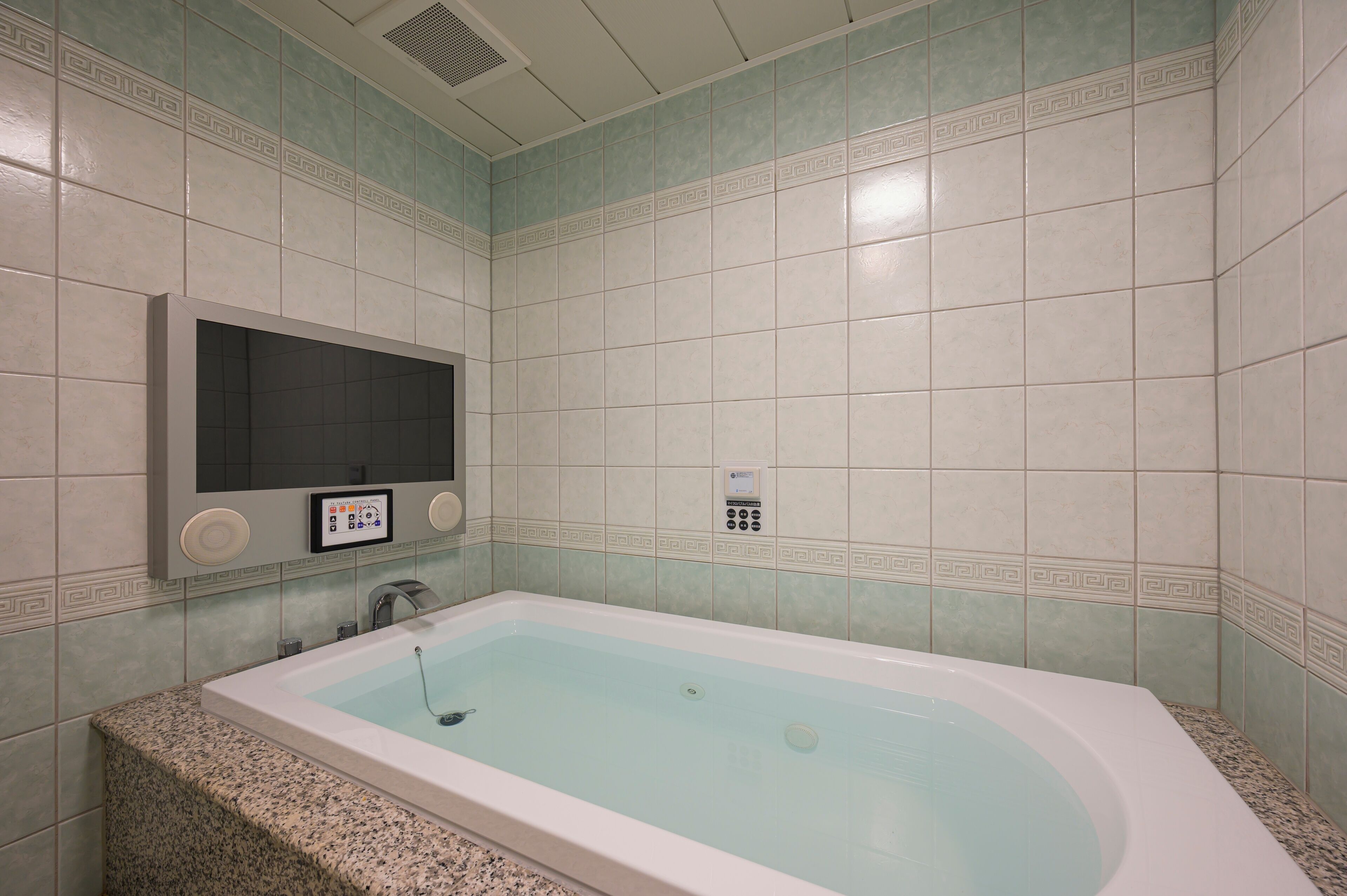 A bathroom with a freestanding bathtub, a wall-mounted control panel, and a large mirror.