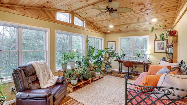 A cozy room with a leather sofa, a bed with a metal frame, multiple windows, and various potted plants. - Ski Asheville! Mountain-View Hideaway w/ Deck (Asheville)