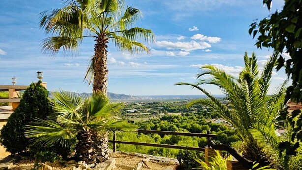 A balcony with a view of a cityscape, palm trees, and a stone pathway. - Charming villa with private garden (Alfaz del Pi)