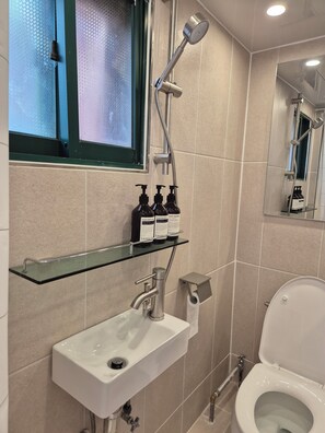 Secadora de cabello, toallas, jabón, papel de baño 